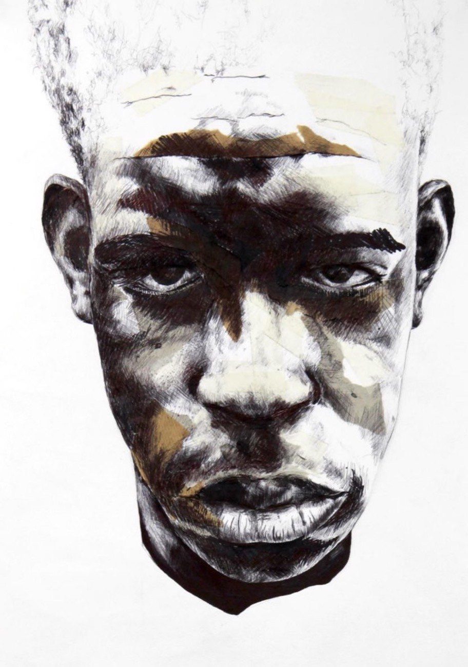 Jay by Ezra Myers, ink and charcoal drawing on paper.